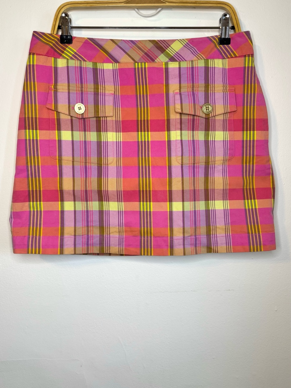 Liz Claiborne Pink Plaid Mini Golf Skirt with Button Flap Pockets